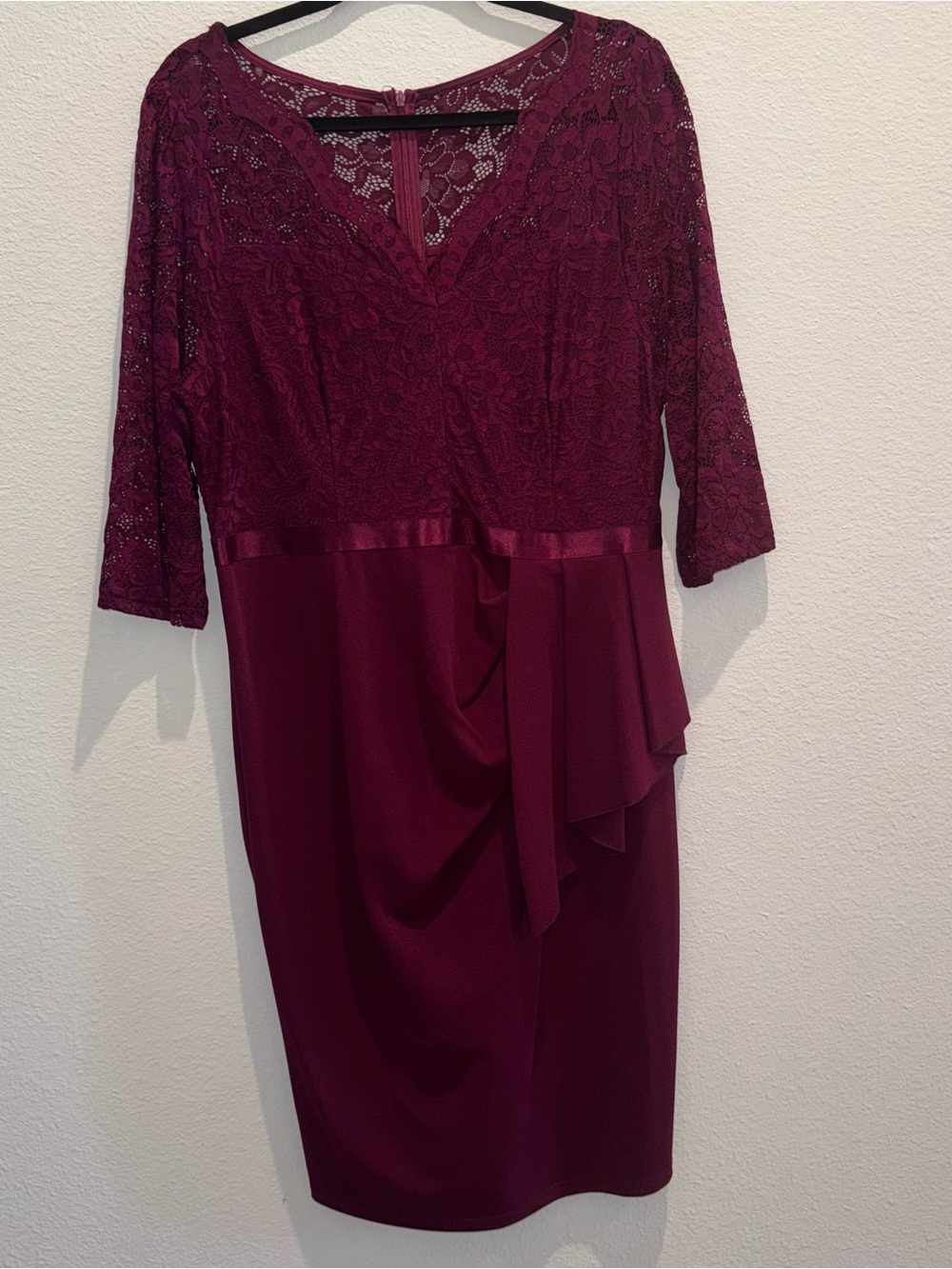 Burgundy Lace-Top Midi Dress with Draped Waist